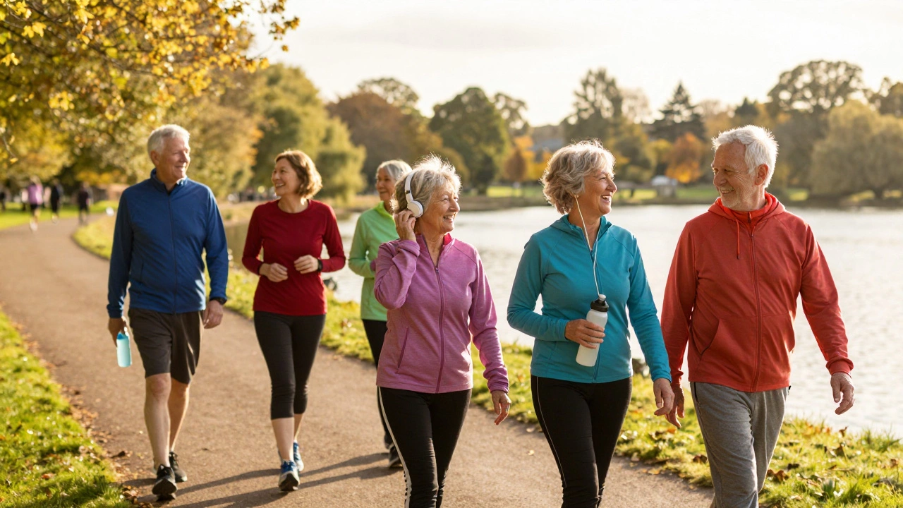 Group of active seniors walking and laughing outdoors