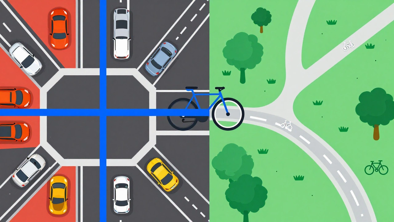 Illustration contrasting unsafe highway routes with safe green cycling paths