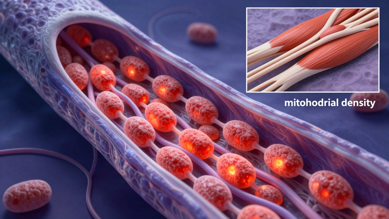 Illustration of mitochondria-dense slow-twitch muscle fibers