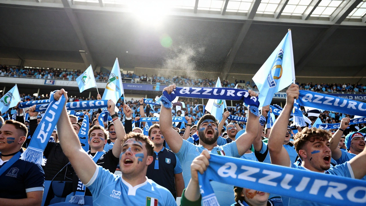 Italian rugby fans cheering in a stadium filled with light blue