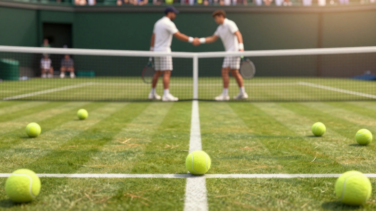 Players shaking hands on court after a long tennis match