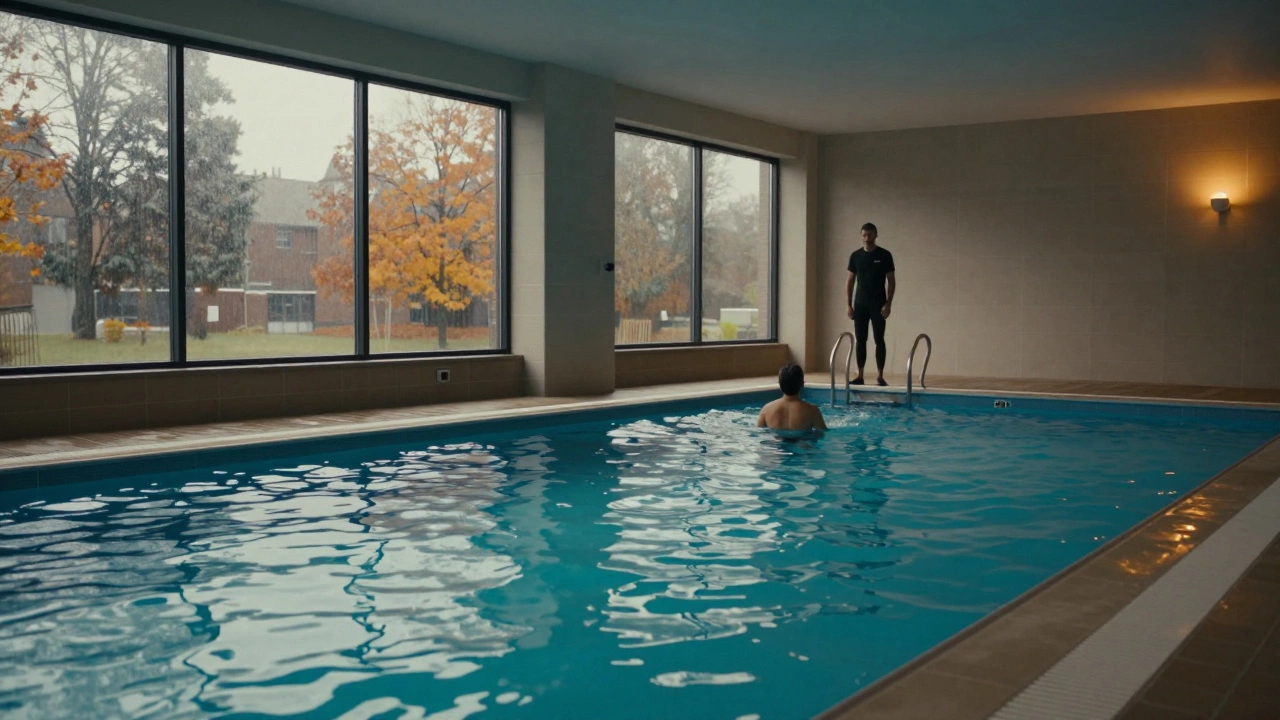 Quiet indoor pool with one learner and instructor in calm autumn light