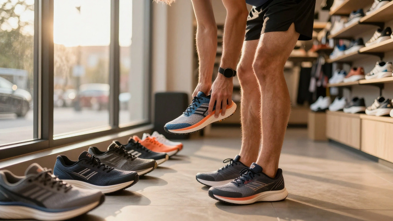 Runner trying on shoes in a store with warm afternoon light