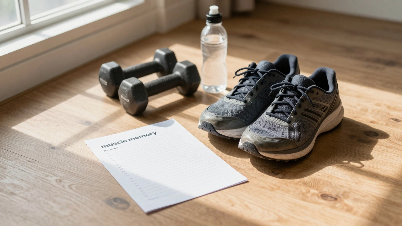 Running shoes and training gear symbolizing muscle memory and recovery.