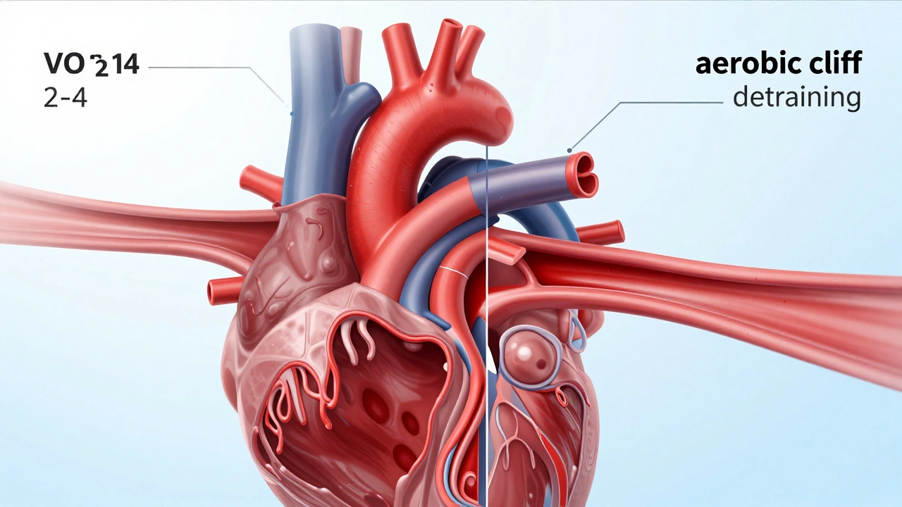 Scientific illustration comparing high vs low blood volume during detraining.
