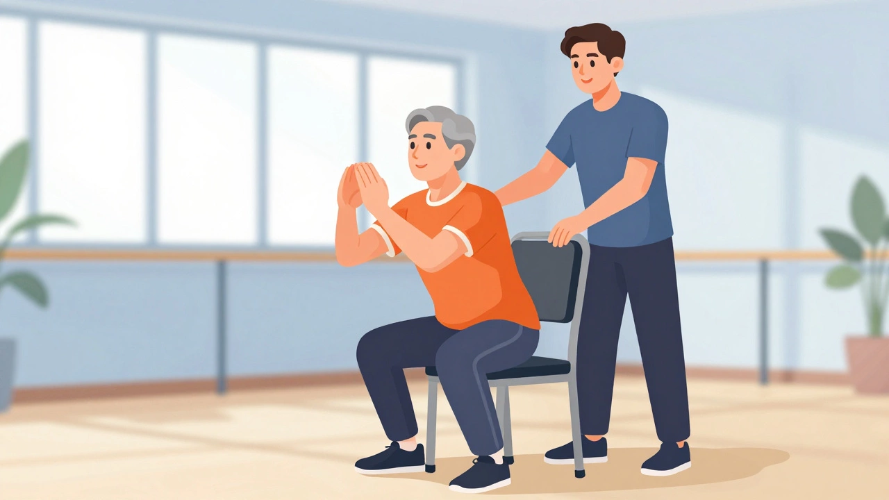 Senior man learning safe squats with a trainer