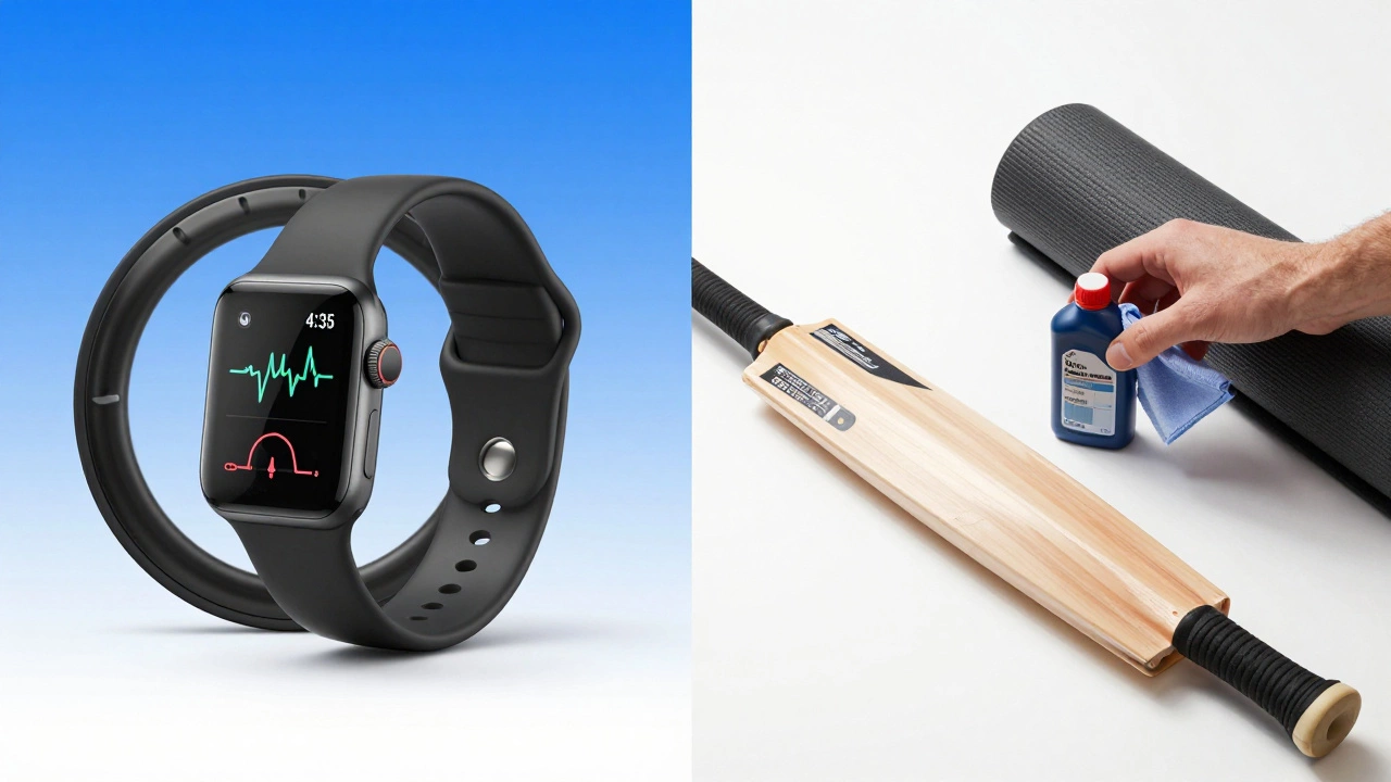 Smartwatch and bike wheel versus maintenance tools for sports gear
