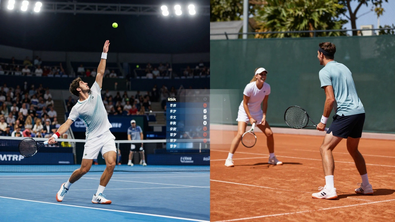 Split image comparing professional tennis match with casual amateur play