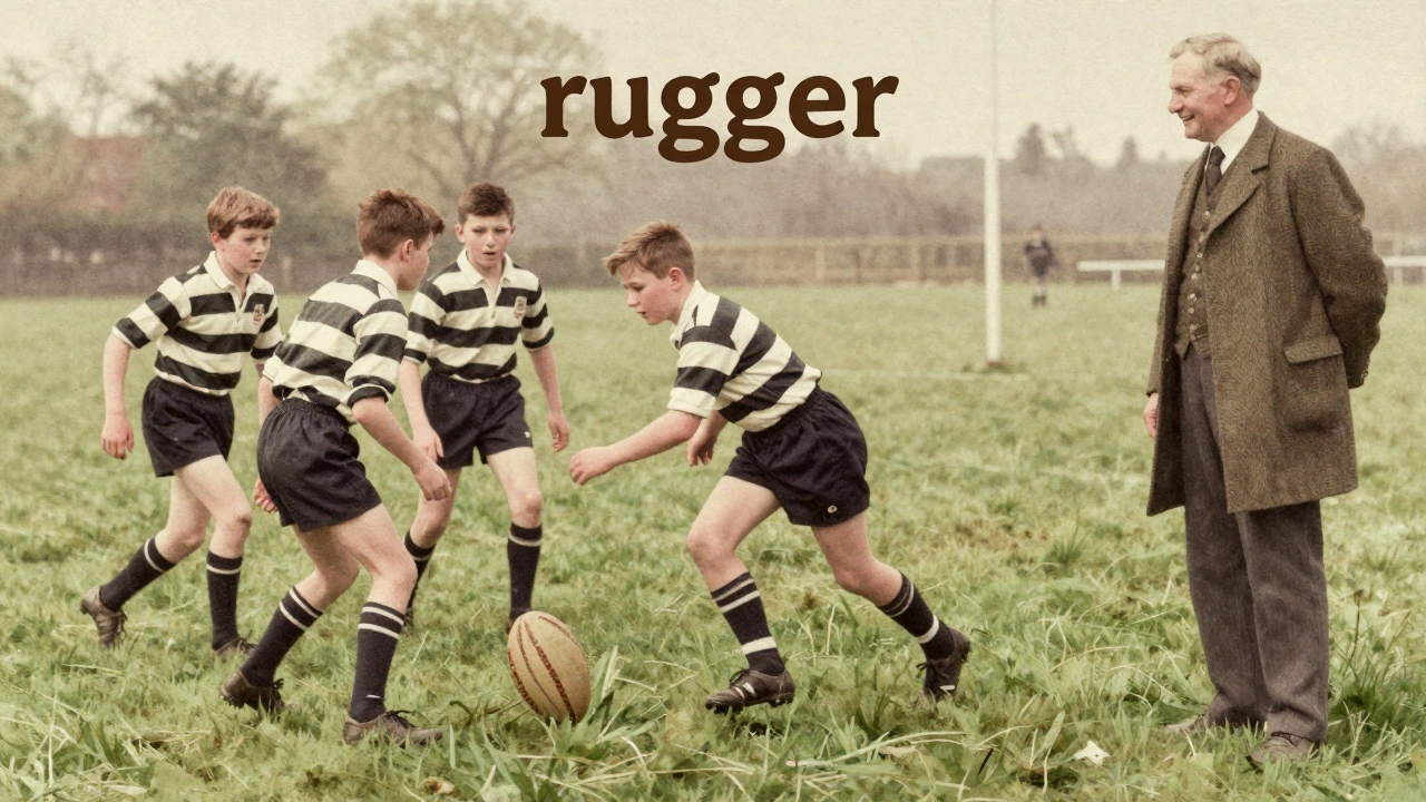 Vintage illustration of boys playing historic school rugby