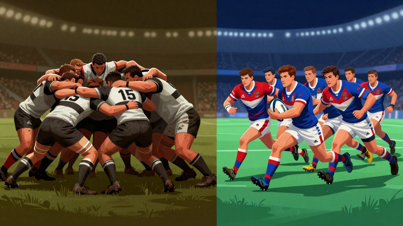 Visual comparison of Rugby Union scrum versus League play