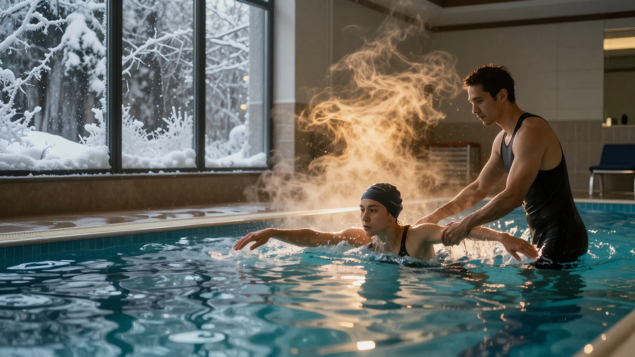 Warm indoor pool scene contrasting with cold winter exterior outside