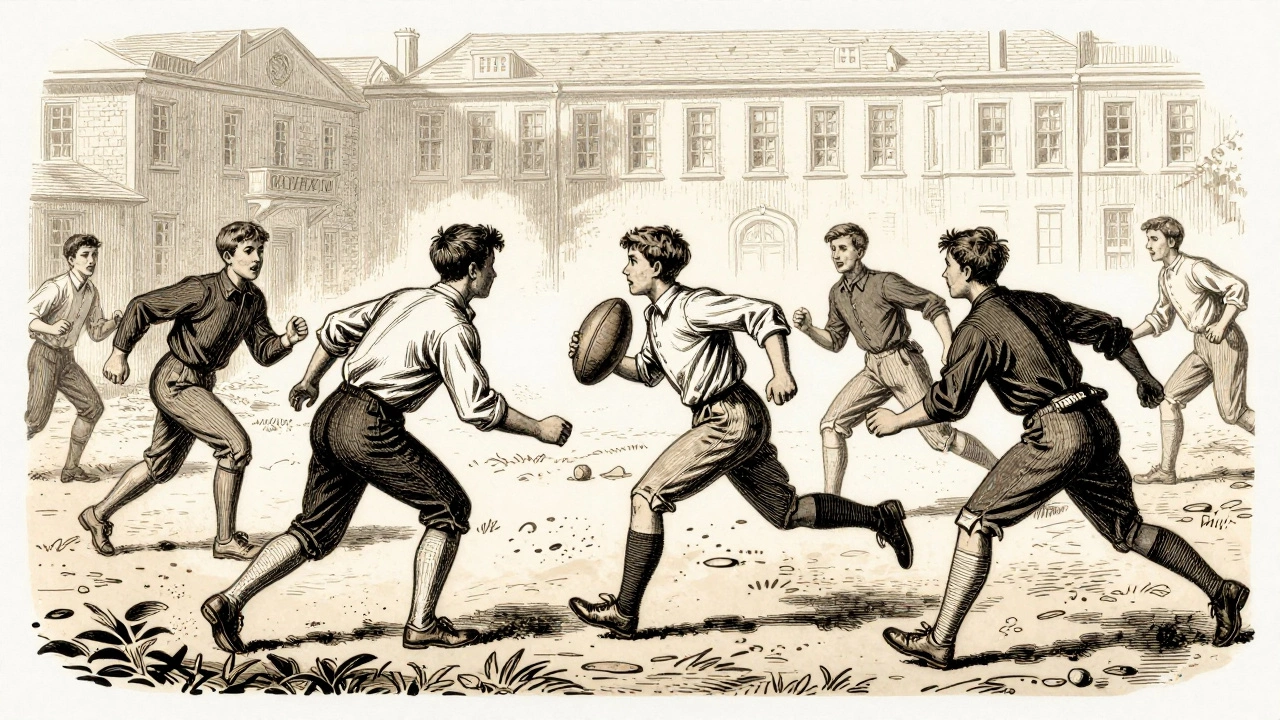 19th-century engraving of boys playing early rugby football in a schoolyard.