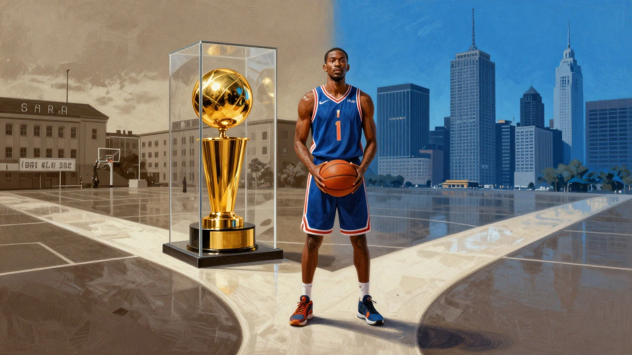 Basketball player at a symbolic crossroads representing different career paths