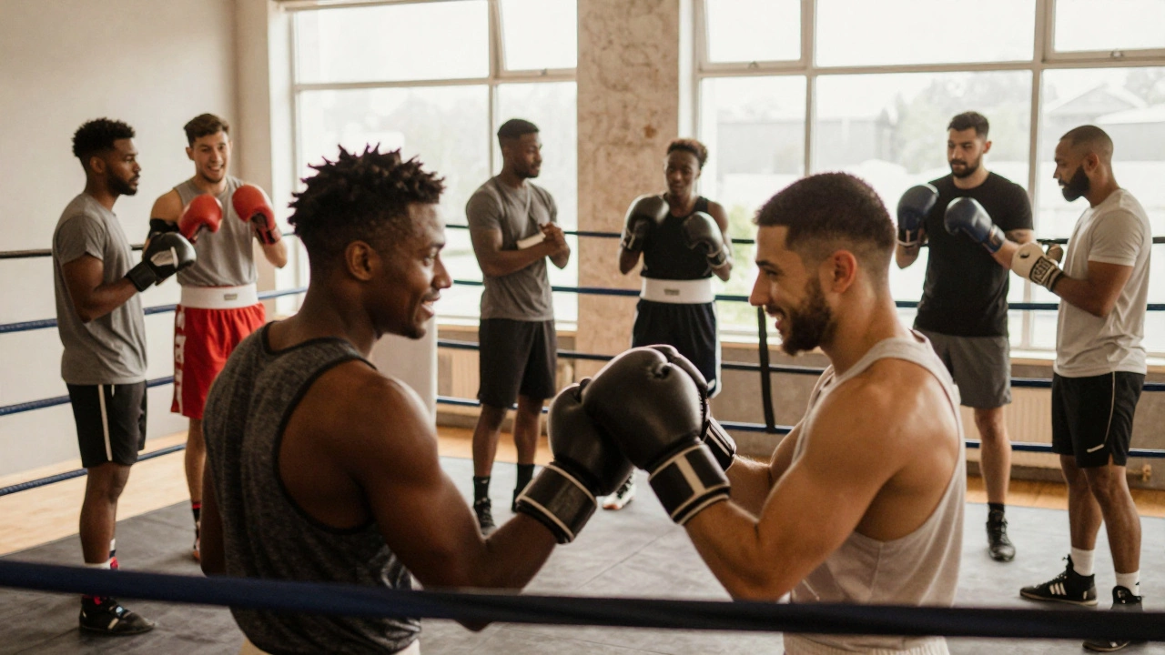 Boxers socializing and shaking hands during a friendly gym scrim