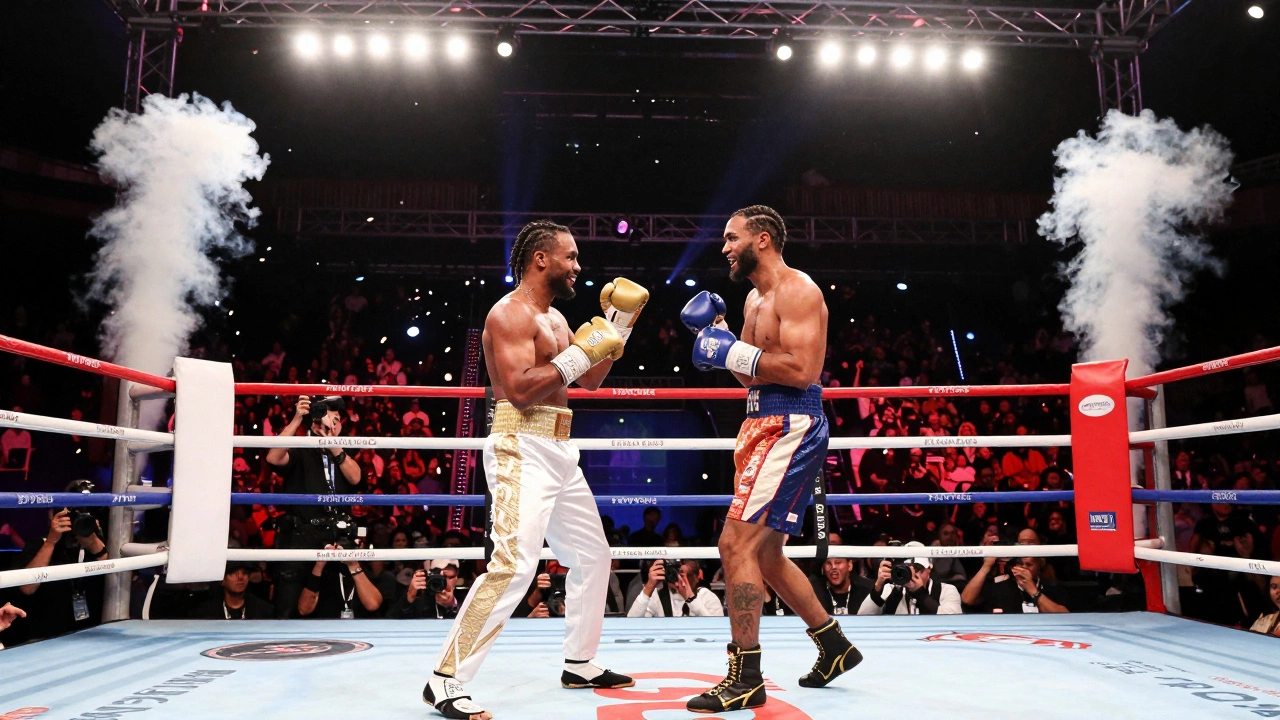 Celebrities fighting in a flashy boxing exhibition for entertainment