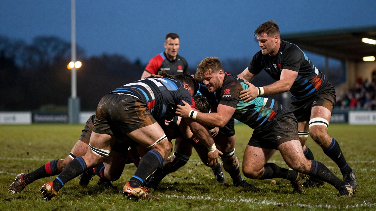 Cinematic photo of a modern rugby scrum under stadium lights at dusk.