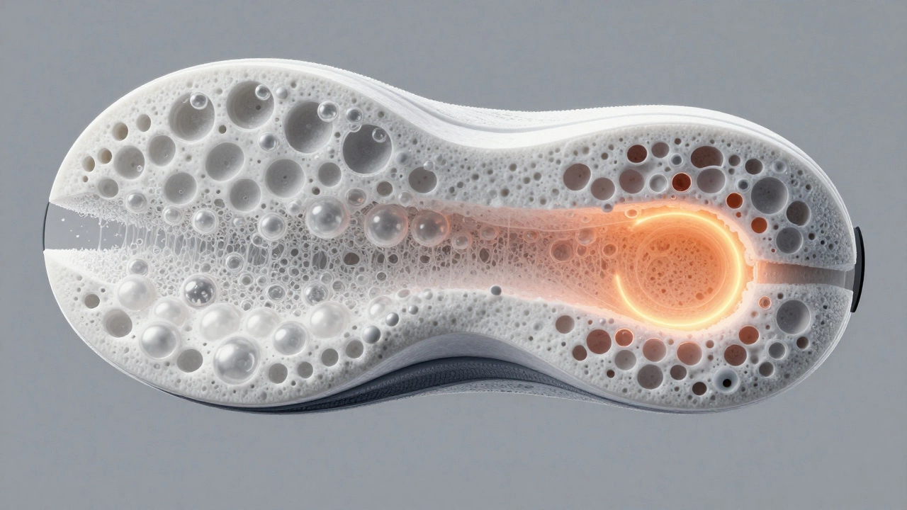 Cross-section view of running shoe midsole revealing foam bubble structure