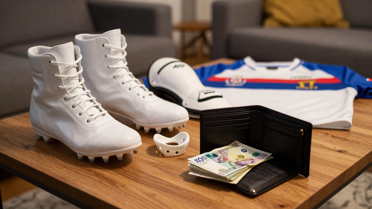 Expensive rugby gear next to empty wallet