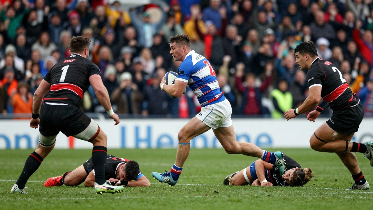Fast rugby winger wearing number 23 sprinting with the ball past defenders.
