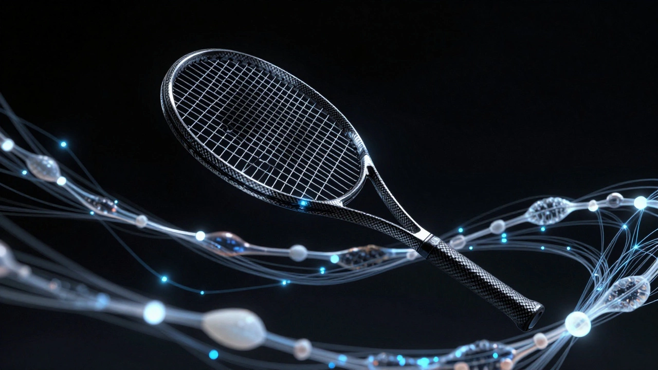 Futuristic carbon fiber racket surrounded by bio-materials and smart threads