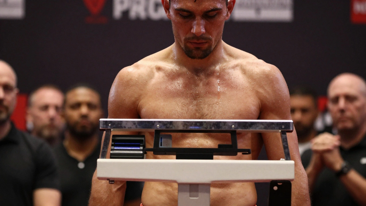 Heavyweight boxer standing on a scale at weigh-in