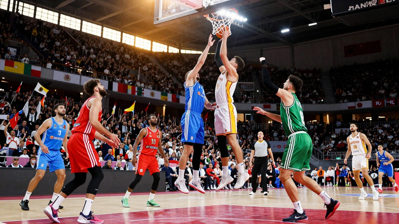 Intense action shot of players competing in a crowded European basketball stadium