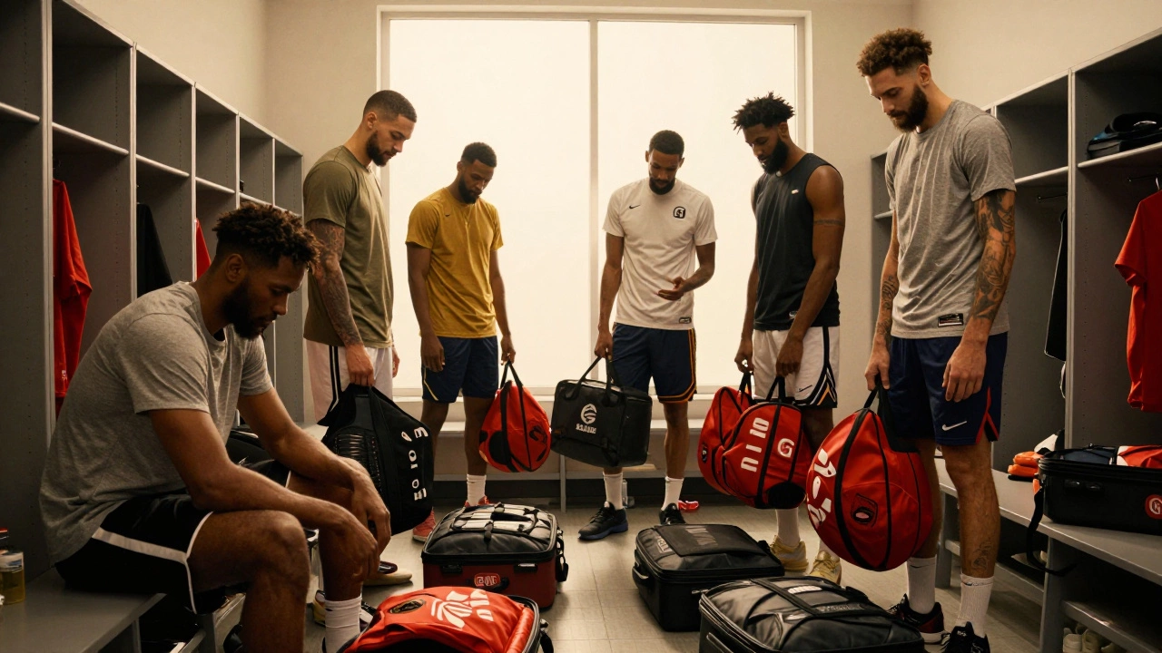International basketball players packing bags in a locker room