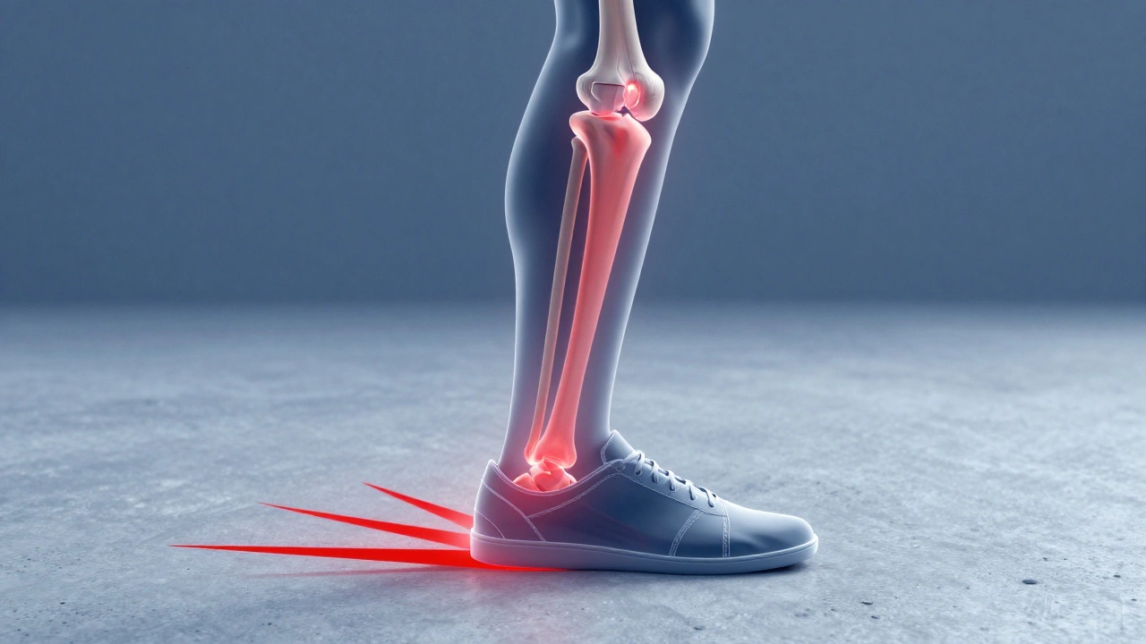 Medical illustration showing shockwaves traveling up the leg when running in flat shoes