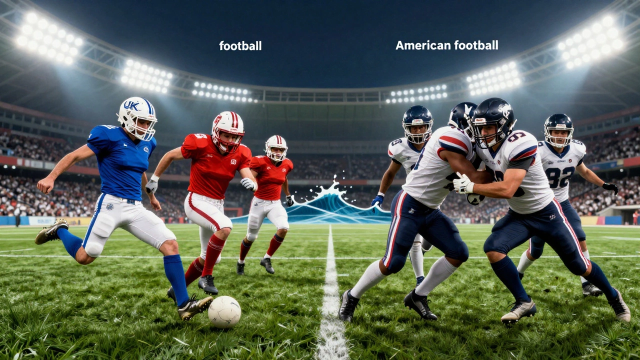 Split image comparing British football and American football styles