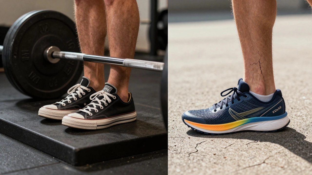 Split image comparing flat shoes for lifting vs cushioned shoes for running