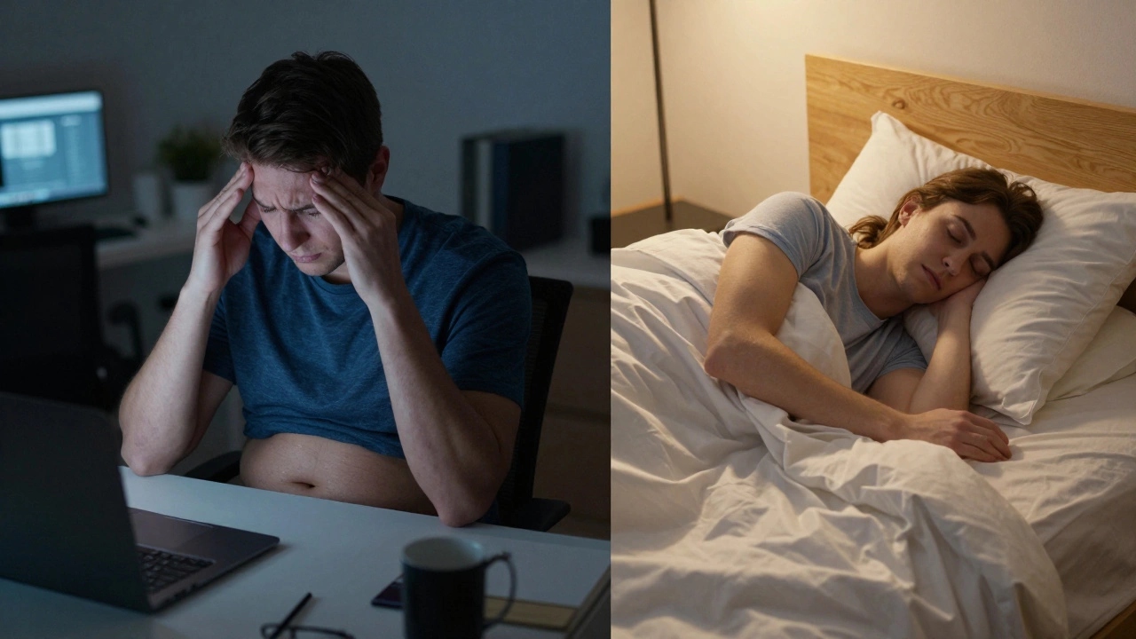 Split image contrasting stressful office work with peaceful sleep