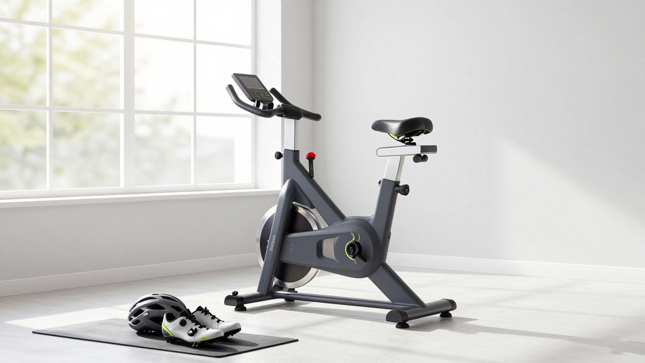 Stationary exercise bike in bright modern home gym
