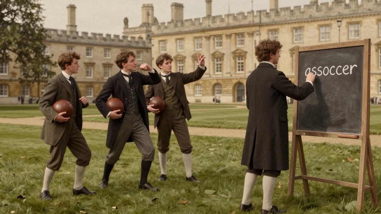 Vintage illustration of Oxford students coining the term soccer