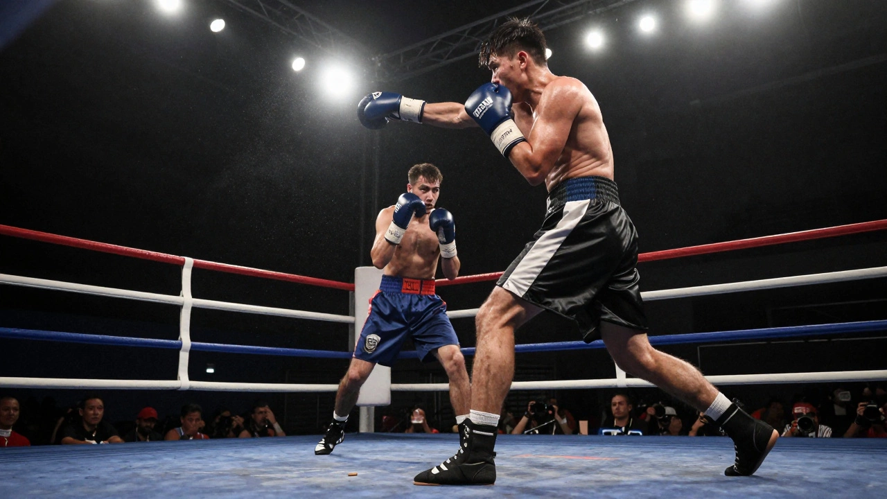 A boxer executing a precise technical jab, showcasing skill and footwork in the ring.