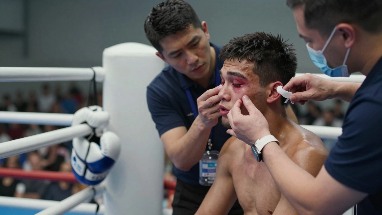 A boxer receiving medical attention from a cutman in the corner during a break in rounds.