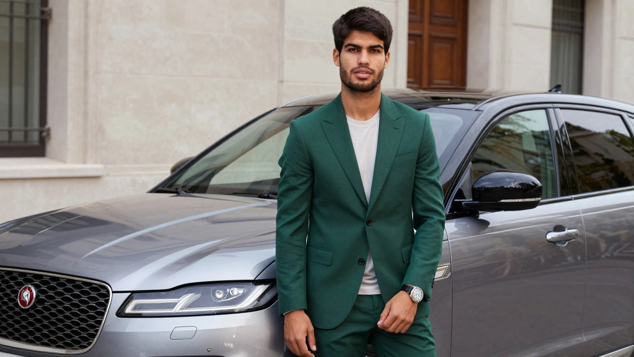 Alcaraz in luxury attire posing with a car and watch