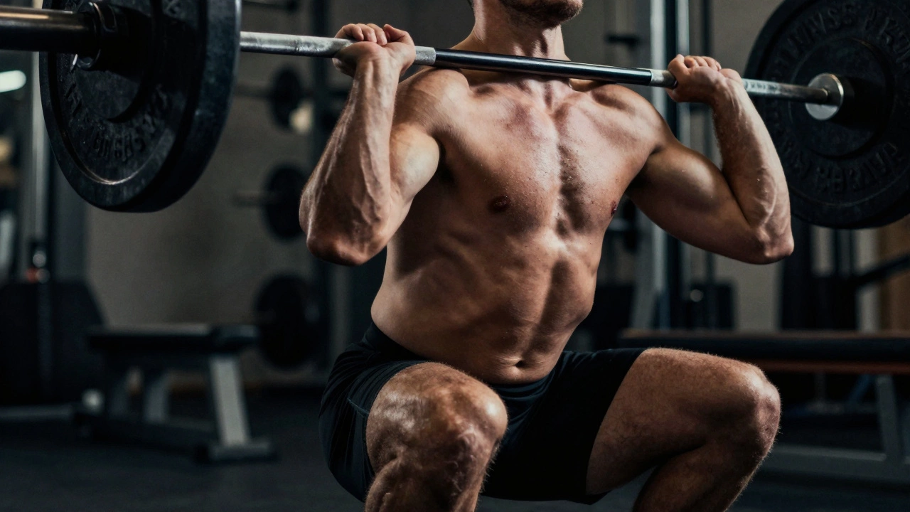 Close up of athlete bracing core during heavy barbell squat