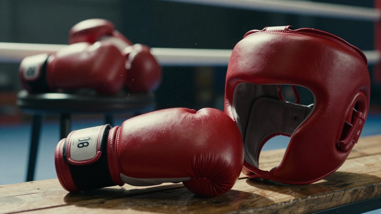 Close up of heavy sparring gloves and headgear vs small match gloves on bench.