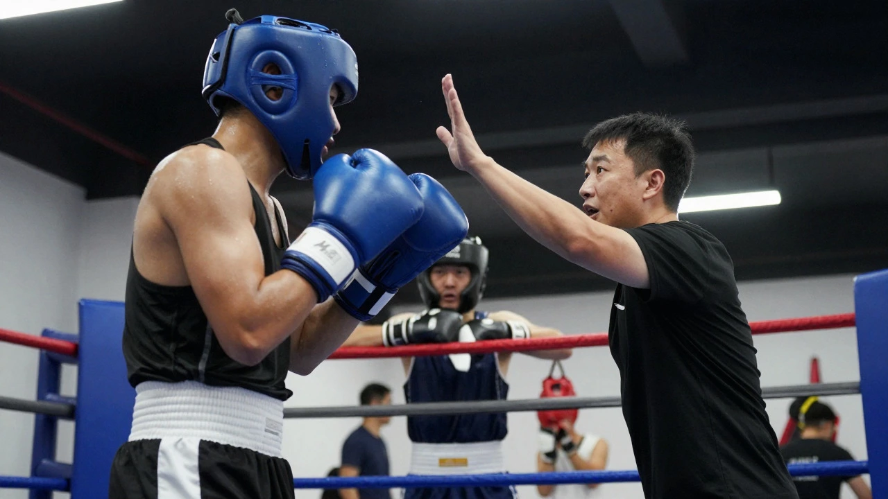 Coach pausing sparring session to give feedback to two boxers in the ring.