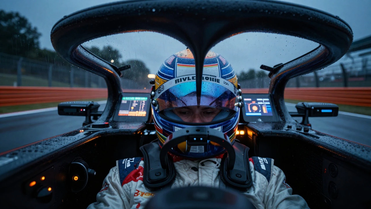 F1 driver in cockpit wearing HANS safety device during rain