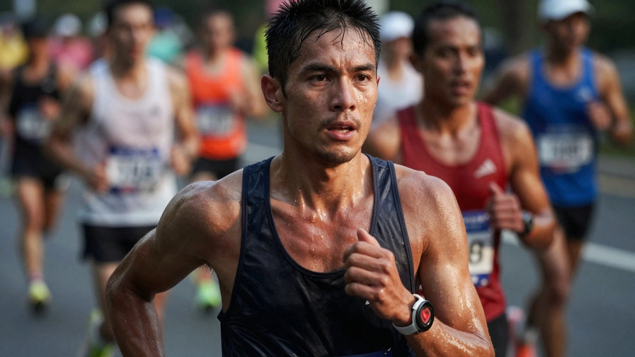 Focused middle-aged male runner pushing through marathon fatigue