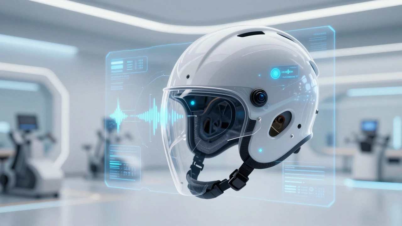 Futuristic smart helmet with visible sensors and data visualization for injury prevention.