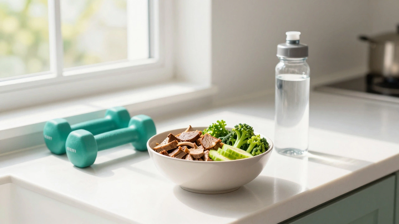 Healthy meal and dumbbells on kitchen counter in sunlight
