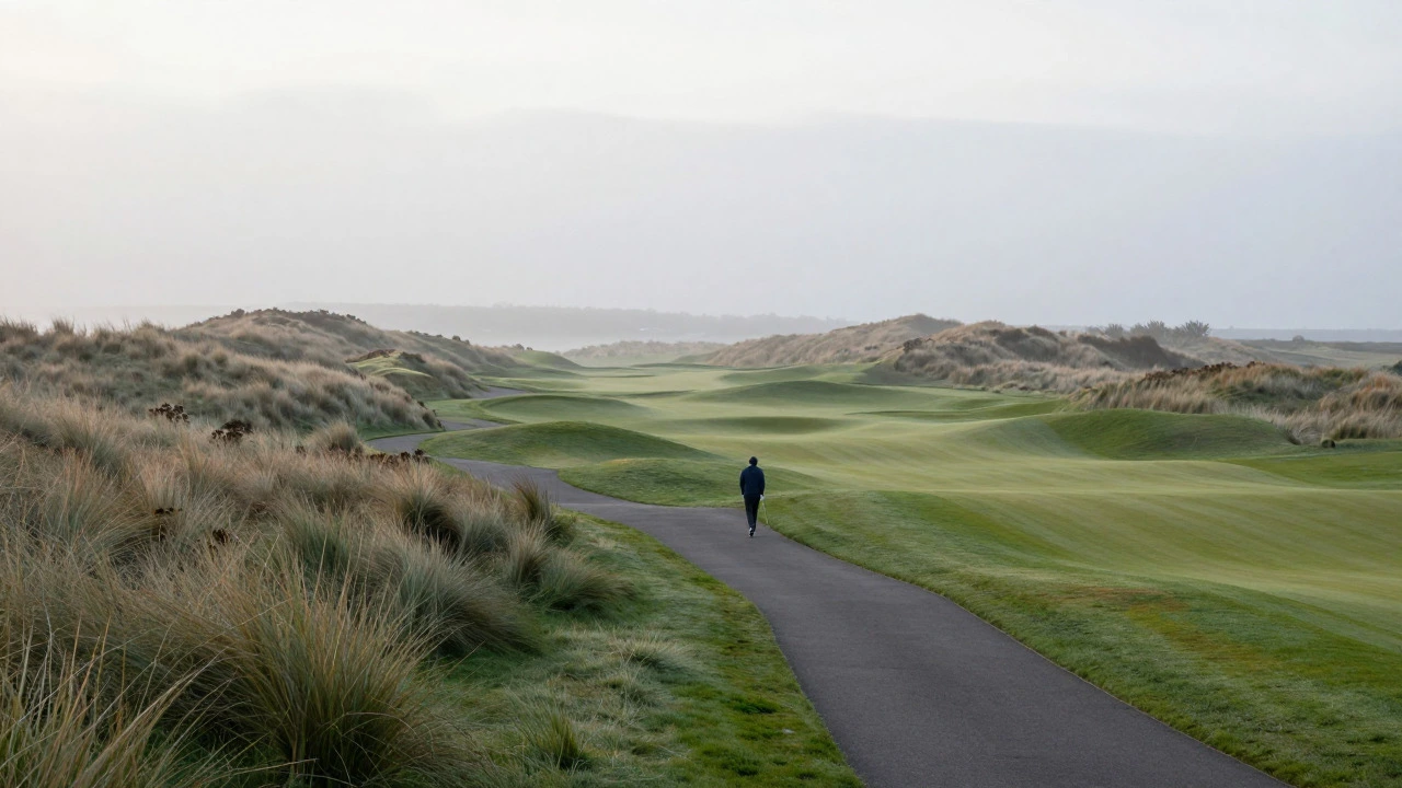 Lone golfer walking on the misty dunes of an alternative St Andrews course