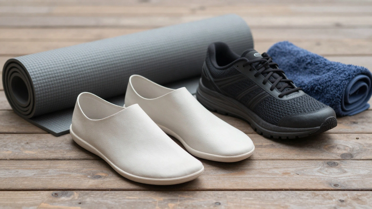 Minimalist shoes next to traditional trainers and exercise towel