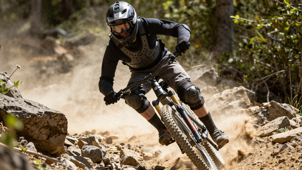 Mountain biker in full-face helmet and protective gear riding down a rocky trail.
