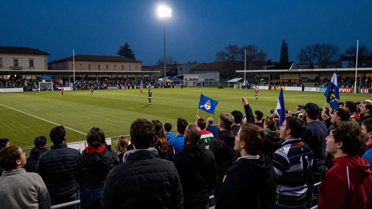 Passionate fans cheering closely at an Italian rugby stadium