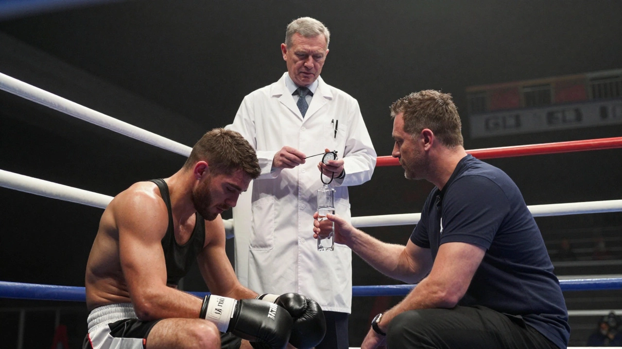 Ringside doctor overseeing a boxer's safety during a match break