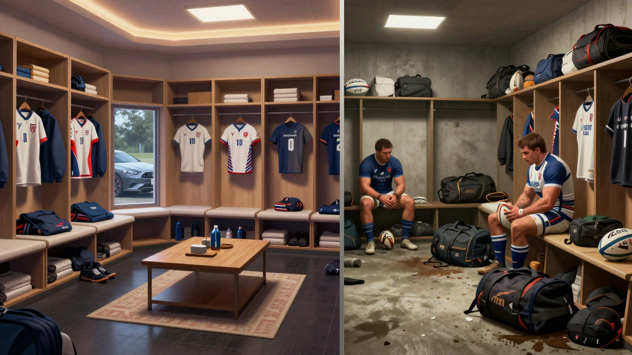 Split view contrasting luxury and modest rugby locker rooms