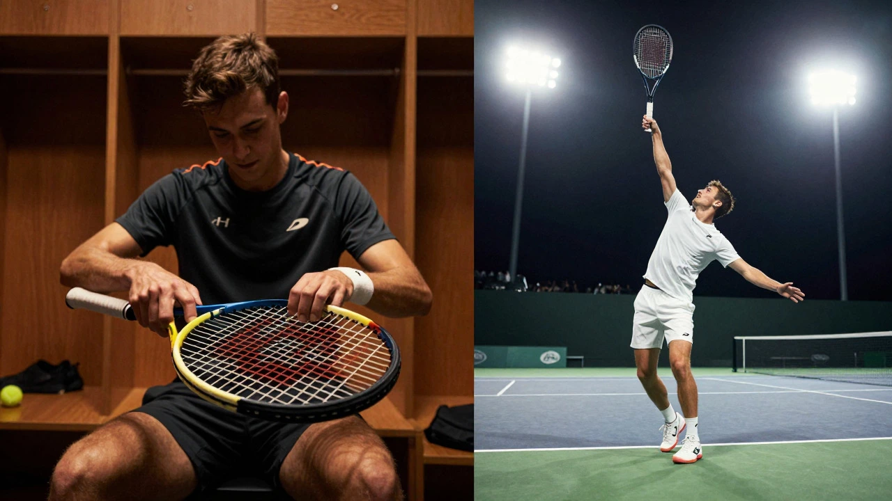 Tennis player preparing racket strings then serving on court